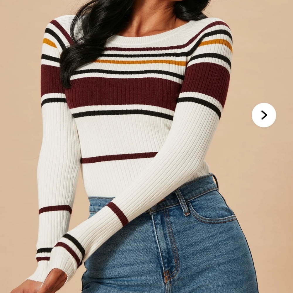 Fashion Nova Striped Ribbed Knit Sweater - White and Burgundy
